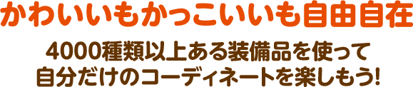 かわいいもかっこいいも自由自在  4000種類以上ある装備品を使って 自分だけのコーディネートを楽しもう！